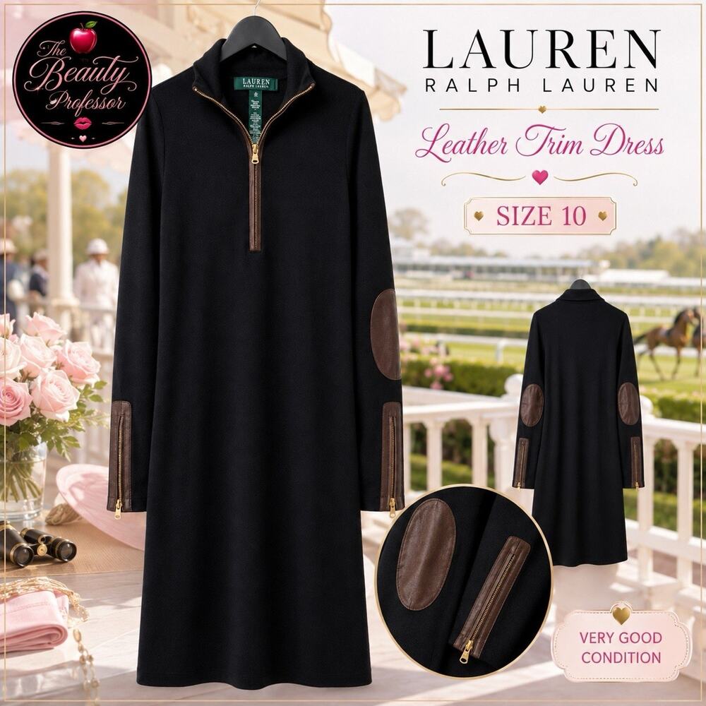 💞 Lauren Ralph Lauren Black Dress Women’s 10 Leather Trim Half Zip Long Sleeve